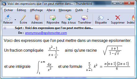 Message avec des formules math&eacute;matiques re&ccedil;u dans Thunderbird